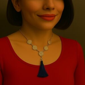 GUESS Gold-Tone Filigree Disc Necklace w/ Blue Tassel – Women’s Stylish Jewelry